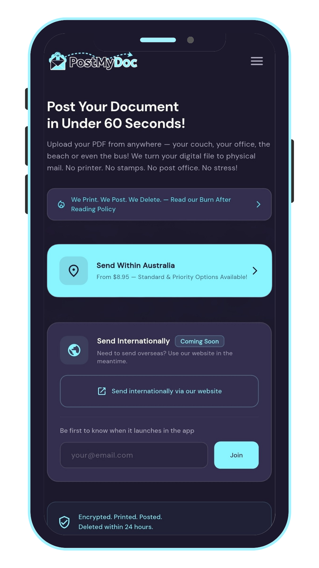 PostMyDoc mobile app showing PDF upload screen