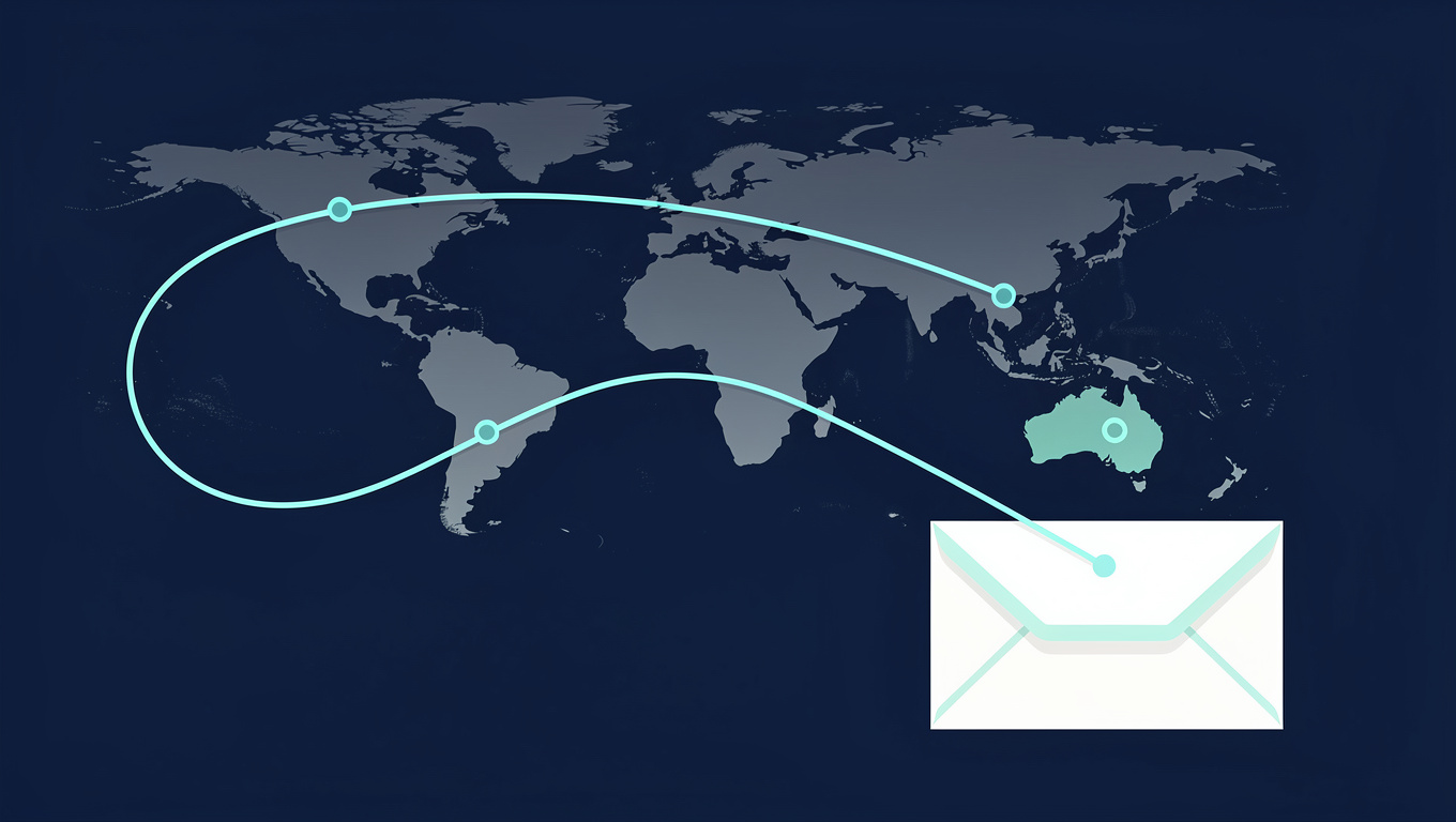 Stylised envelope with a cyan mail trail arcing across a minimal world map outline