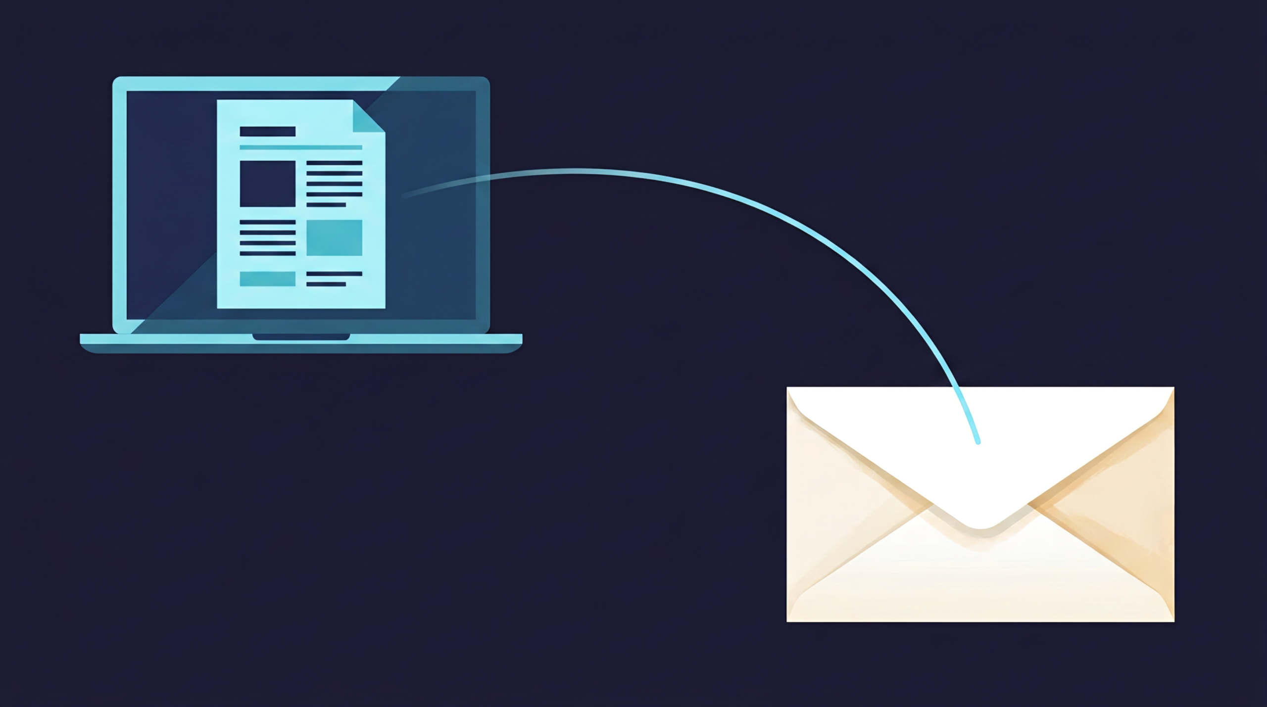 Editorial illustration of a PDF document becoming a posted envelope, a cyan path tracing from a phone screen to a letterbox on a deep navy field.