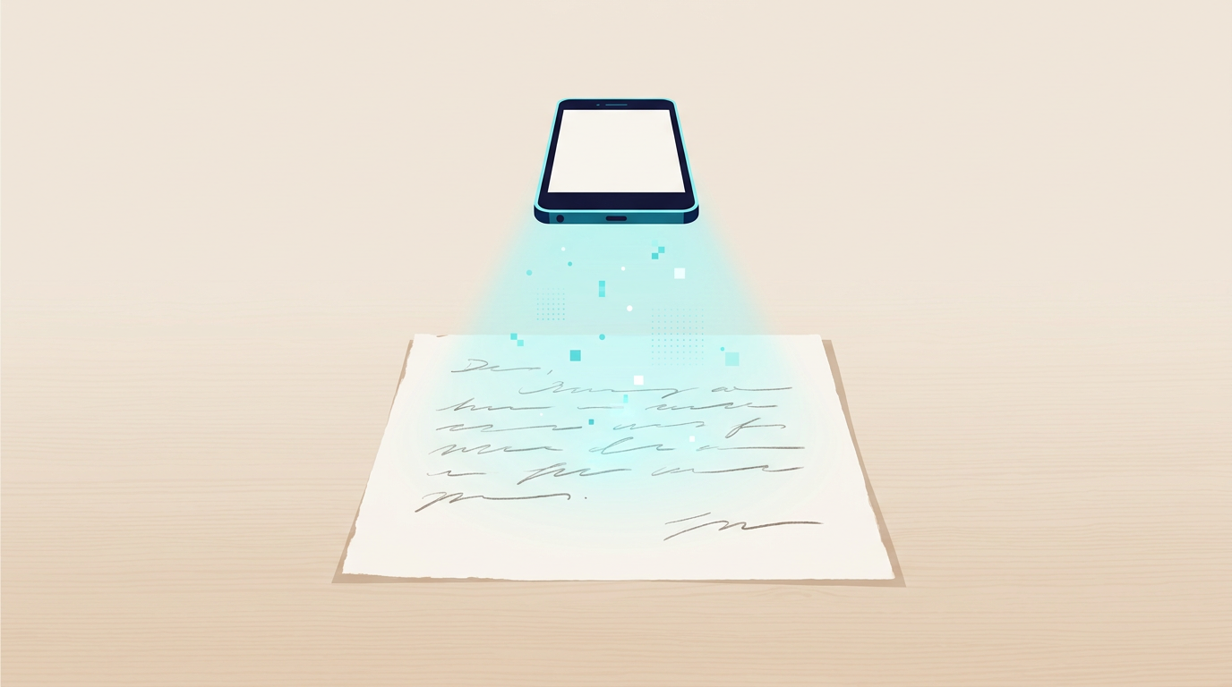 Top-down illustration of a smartphone hovering over a handwritten letter on a wooden surface, with a soft cyan glow emerging from the phone screen as the page becomes digital