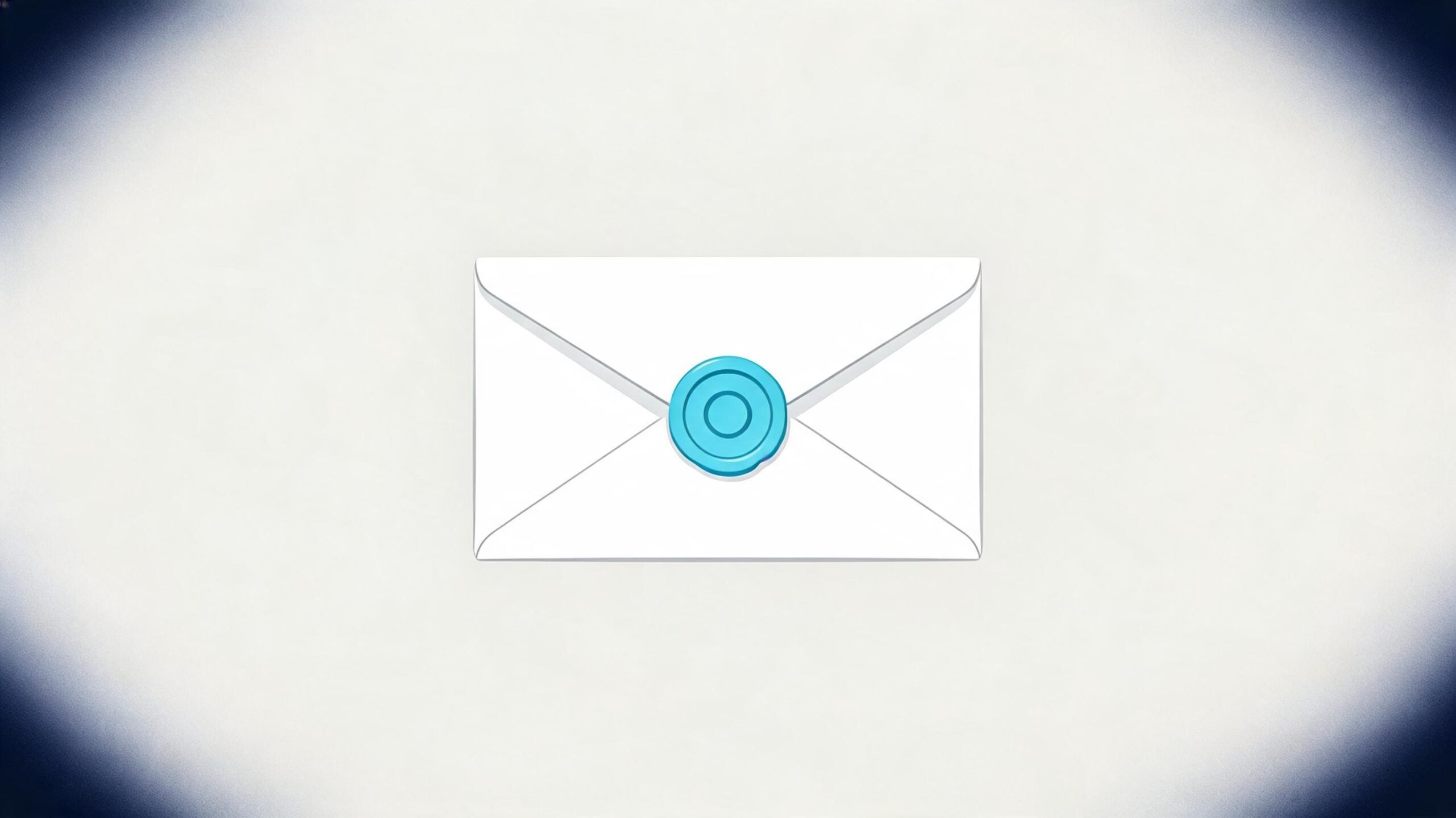 Top-down view of a clean white envelope on a soft neutral surface, sealed with a subtle cyan wax-seal mark — a contemporary mark of authentic custody