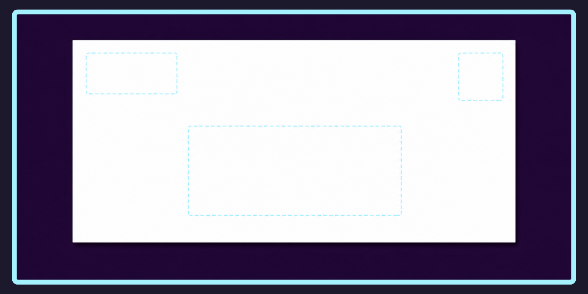 Clean editorial illustration of an envelope front showing the three address positions — recipient address in the centre, sender address top-left, stamps in the top-right corner — without literal text in those positions.