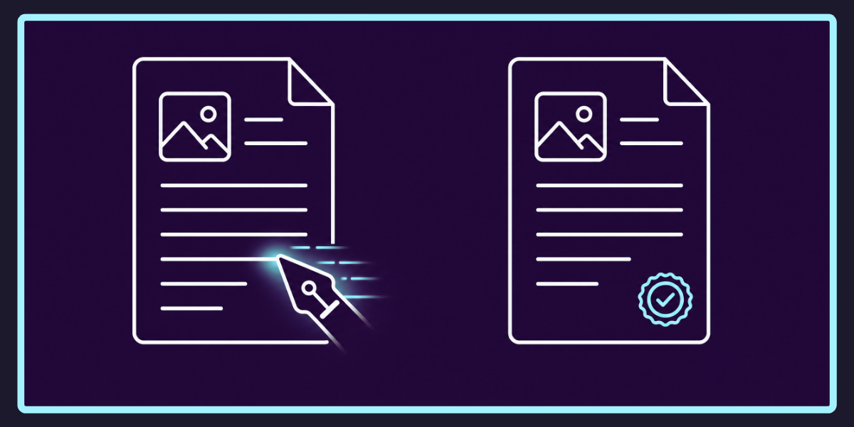 Two stylised documents side by side: the left one shown with multiple ghosted layers offset behind it suggesting edits and drift, the right one a single crisp document with a subtle cyan seal suggesting finality.