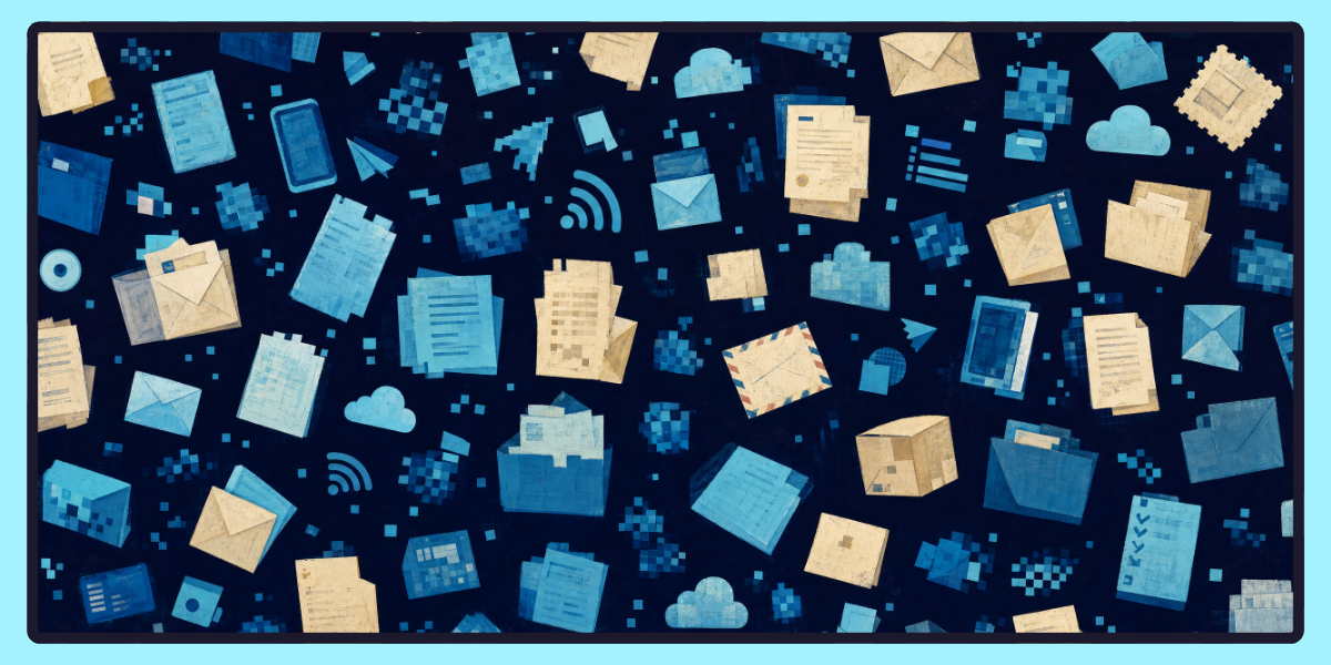 A pattern of small visual elements representing the partial-digital landscape — most rendered in a cool digital aesthetic, with a few specific elements rendered in a warm physical aesthetic. The viewer reads 'most things are digital now, but a few remain physical' without explicit labels.