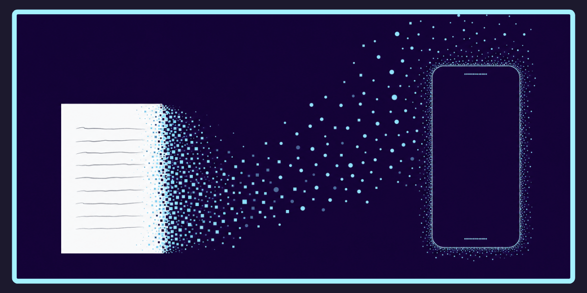 Stylised illustration of a paper letter on the left transitioning into floating digital pixels on the right, with a soft cyan gradient marking the transformation.