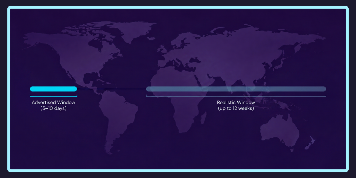 Clean stylised timeline visualisation showing the gap between advertised delivery windows (in cyan, near the start) and realistic delivery windows (stretched further along in a fainter cyan), illustrating how untracked international mail to Australia routinely takes longer than published timelines suggest.