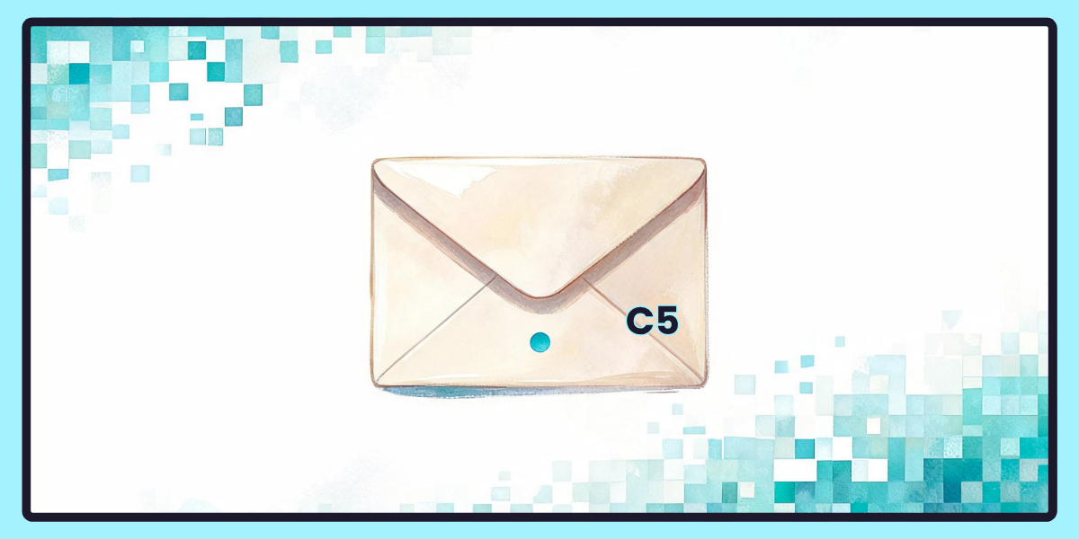 A single envelope at the centre of a larger pattern of small visual elements, most of which are rendered in a cool digital aesthetic. The envelope is the corner where the digital-physical transition occurs — the specific bridge the post describes.