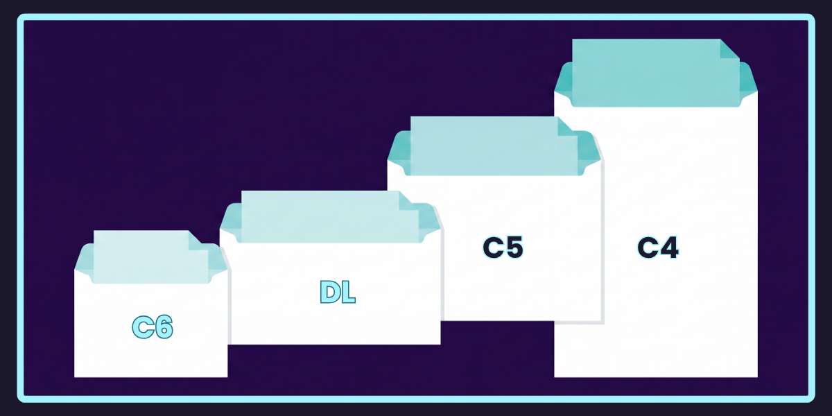 Editorial visual comparison of common Australian envelope sizes (DL, C5, C4) at relative scale, with cyan highlighting which sizes fall into the small letter vs large letter postal categories.
