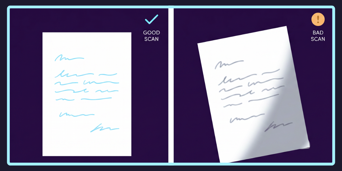 Side-by-side illustrated comparison: a clean, well-lit, sharply cropped document scan with a cyan check mark on the left, and a tilted, shadowed scan with cut-off edges and a soft warning indicator on the right.