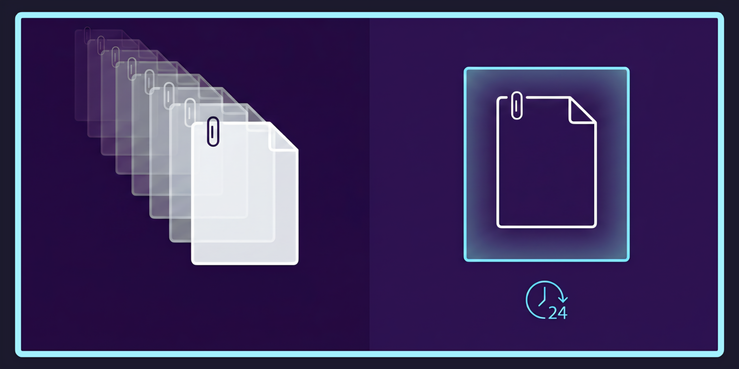 Split-composition illustration: on the left, a document persisting with multiple ghosted versions trailing behind it suggesting indefinite retention; on the right, a clean document inside a small temporal frame indicating bounded 24-hour custody.