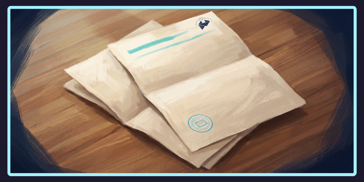 An editorial composition of paper in a specific functional context — a stack of letters, a folded document with weight, an envelope being addressed by hand — restrained and material.