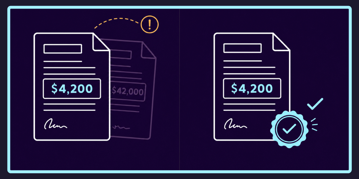 Two stylised documents shown side by side: a clean document marked with a cyan seal next to a document with subtly shifted figures and fading edges, suggesting integrity of record versus uncertainty.