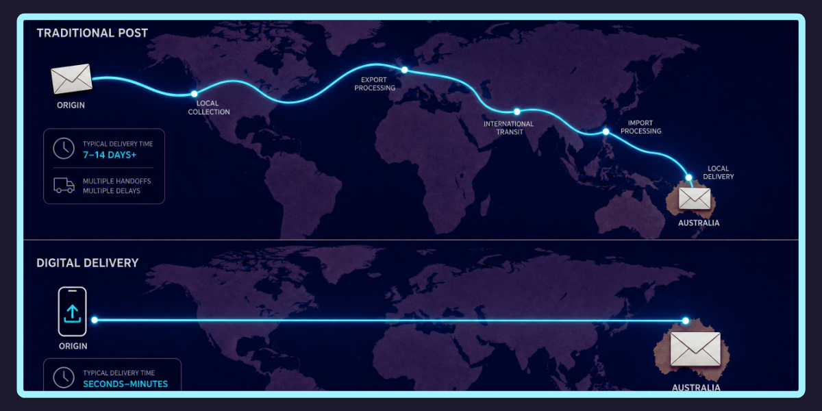 Stylised visual contrasting the long international transit path (cyan line crossing oceans from overseas to Australia) with the much shorter digital-then-domestic-Australian-mail path (short cyan line from a PDF upload directly into the Australian postal network).