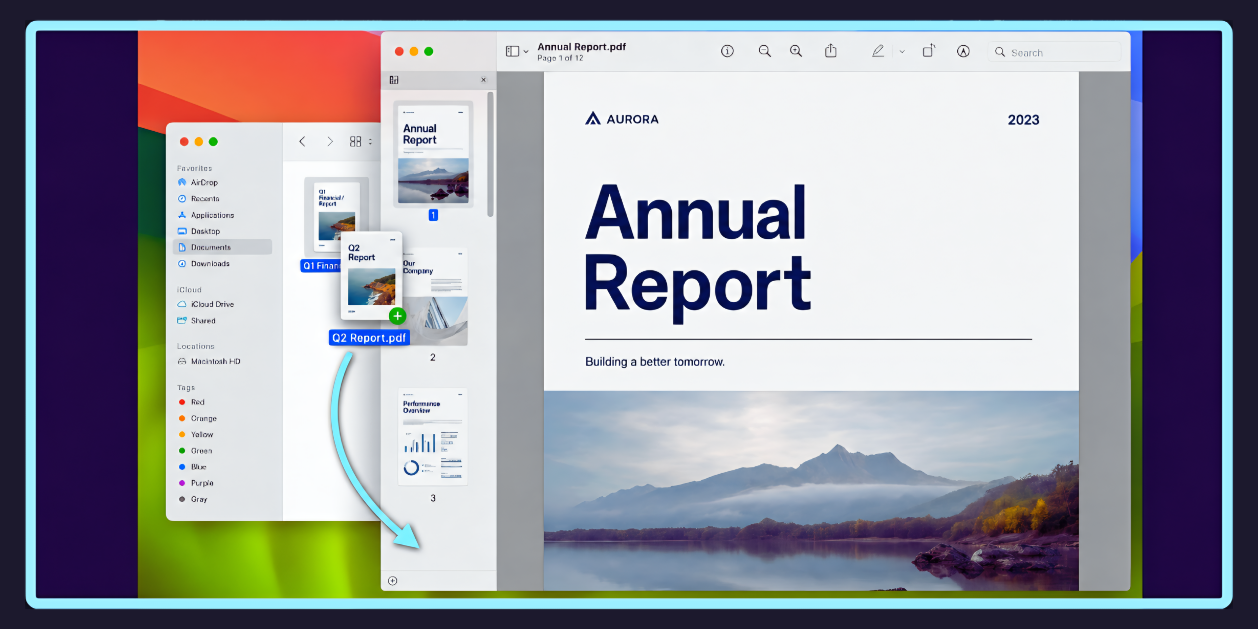 Mac Preview app showing two PDF files being merged by dragging pages into the thumbnail sidebar.