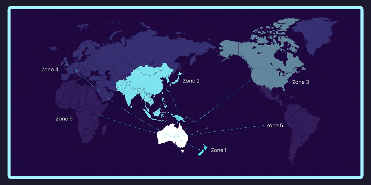 Map showing Australia Post's five international postage zones, colour-coded in cyan and navy, with major destination countries listed in each zone.