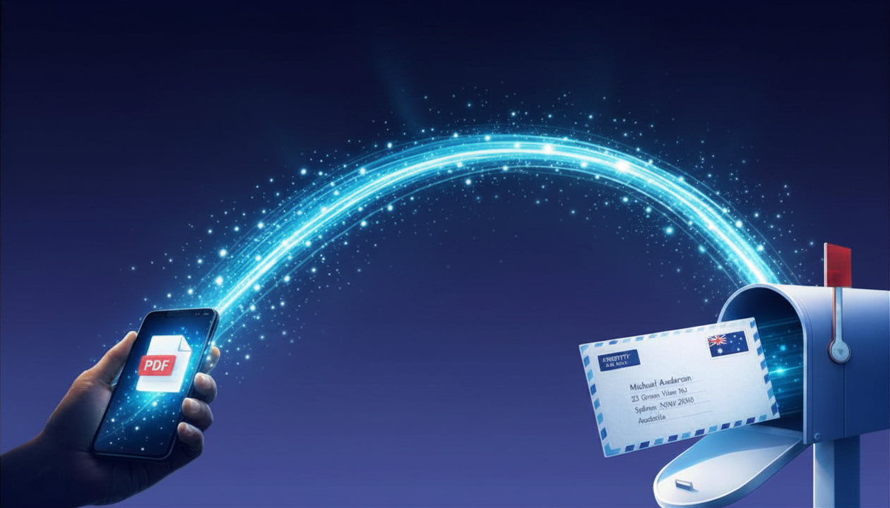 A PDF on a phone becoming physical mail. A trail of light carries it into an Australian letterbox.