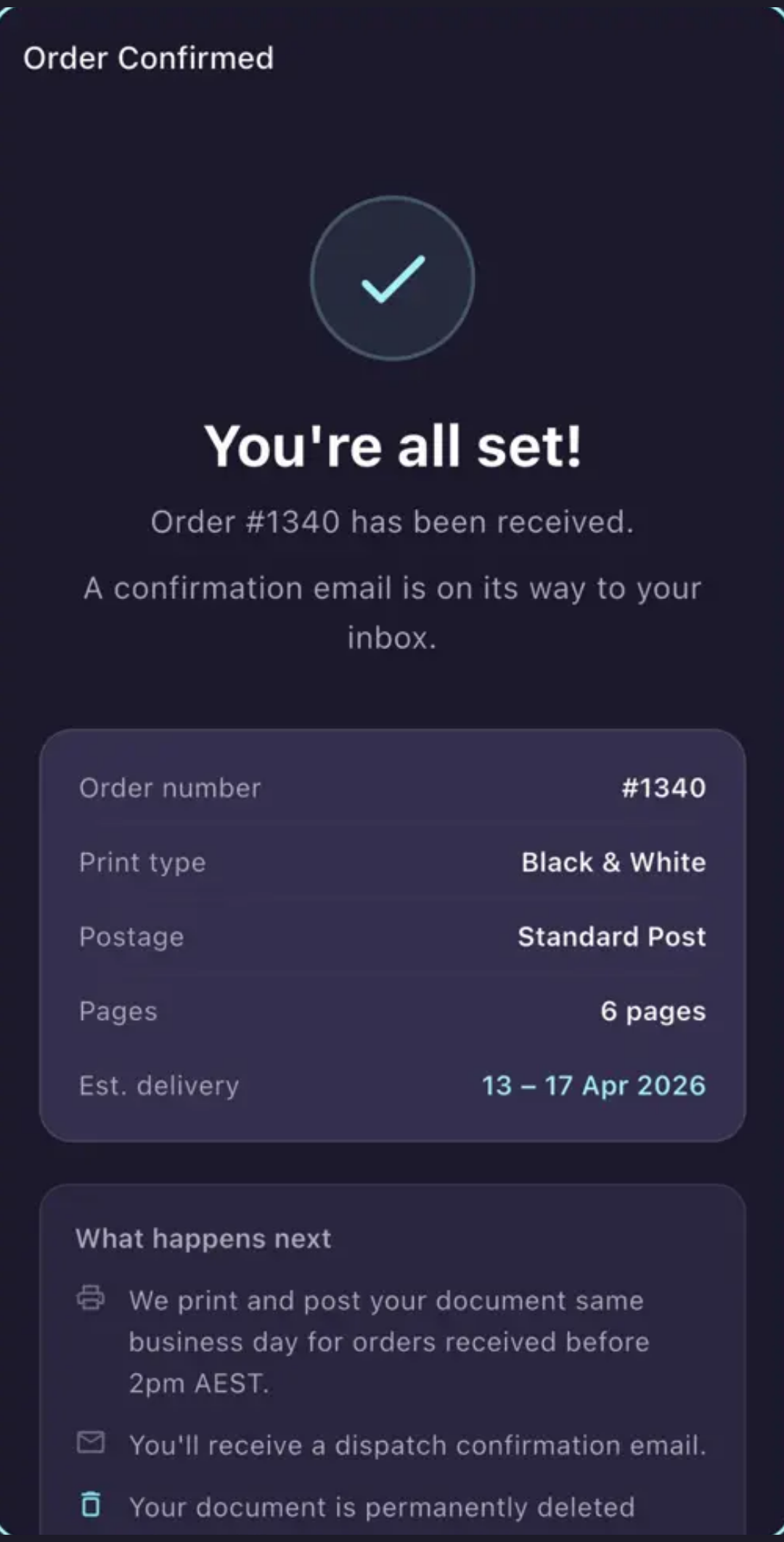 The PostMyDoc app order confirmed screen reading You're all set, order #1340 received, dispatched same business day