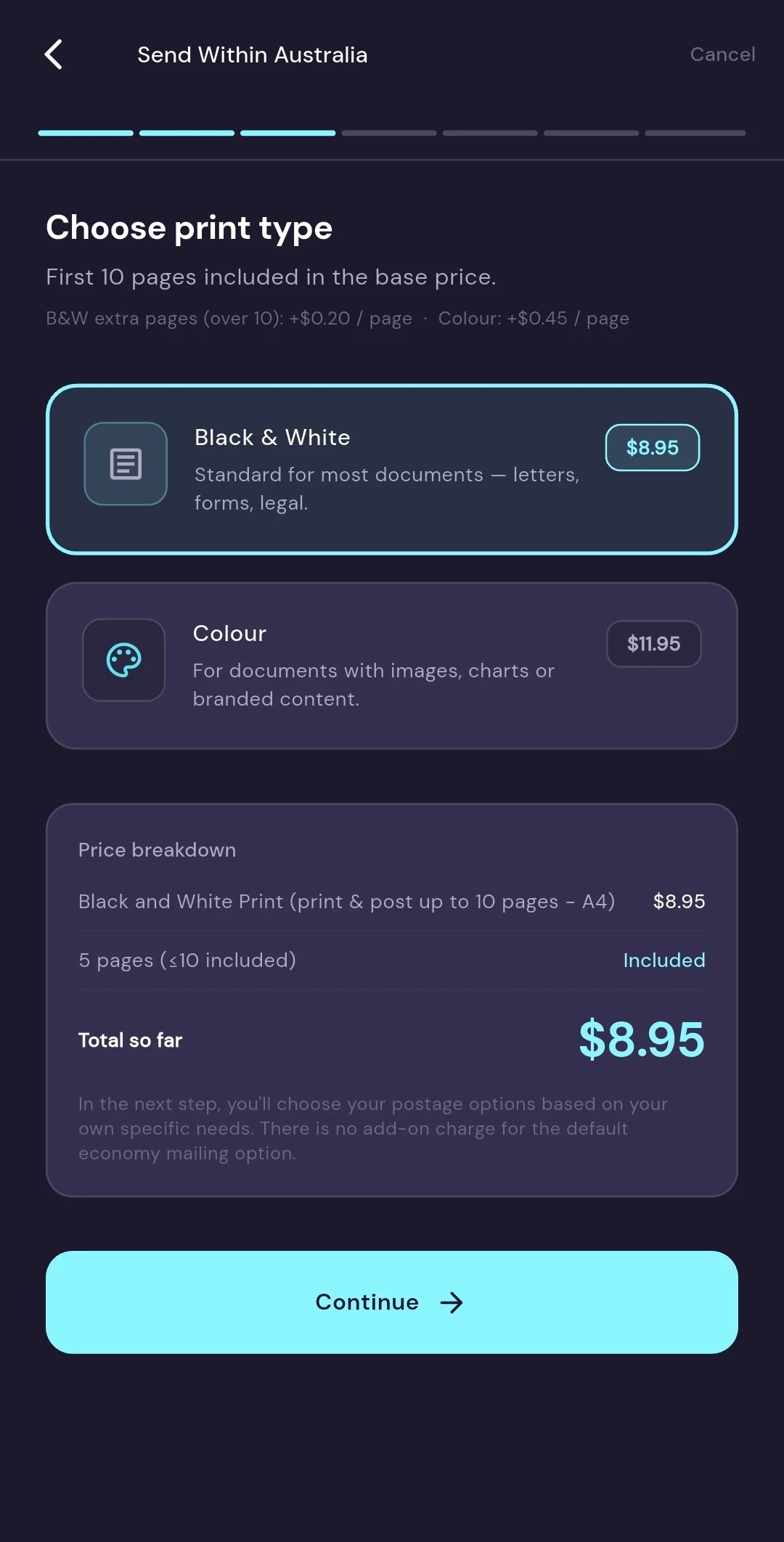 The PostMyDoc app showing the print type screen, Black and White selected at $8.95 with the price breakdown