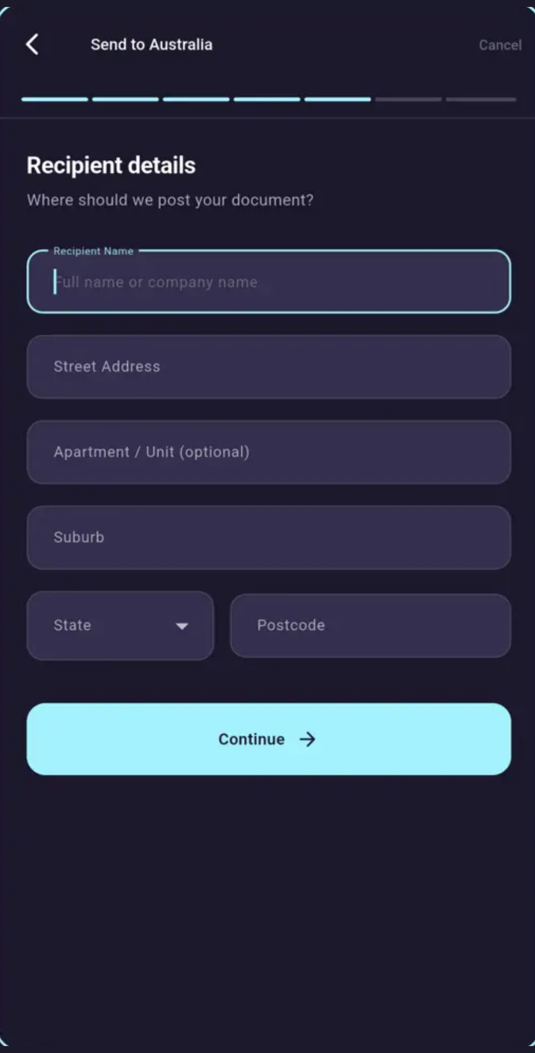 The PostMyDoc app recipient details screen with name, street address, suburb, state and postcode fields