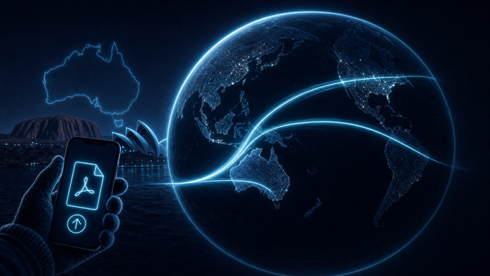 A PDF sent from a phone in Australia, printed and dispatched as a letter to destinations around the world, shown as cyan data arcs fanning from Australia across a globe.