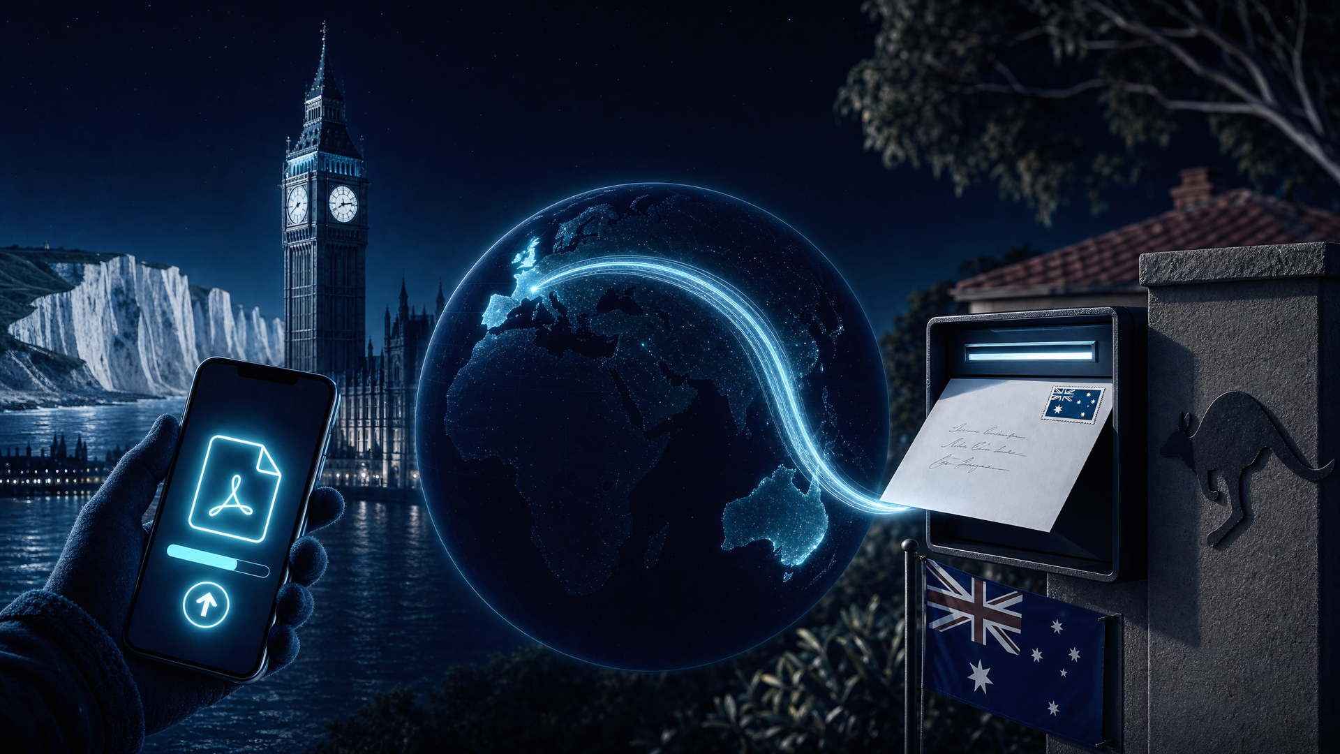 A PDF on a phone in the UK crossing the world as light and arriving as a letter in an Australian letterbox.