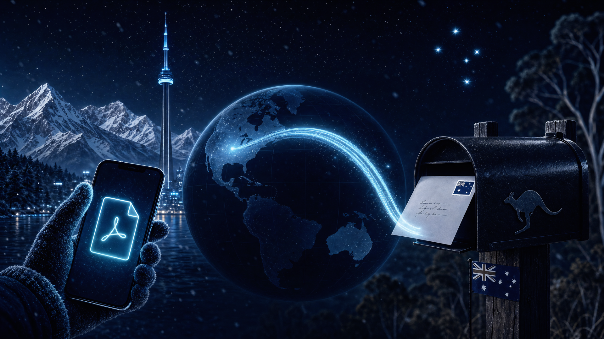 A PDF uploaded from a phone in Canada crossing to Australia as data and arriving as a printed letter in the recipient's letterbox.