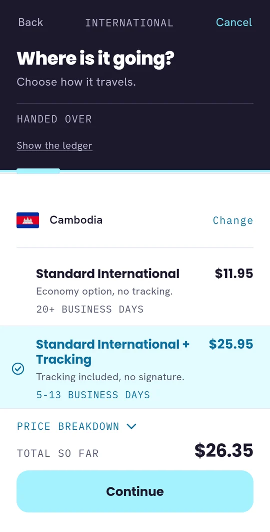 The PostMyDoc app choosing how a letter to Cambodia travels: Standard International + Tracking selected at $25.95.