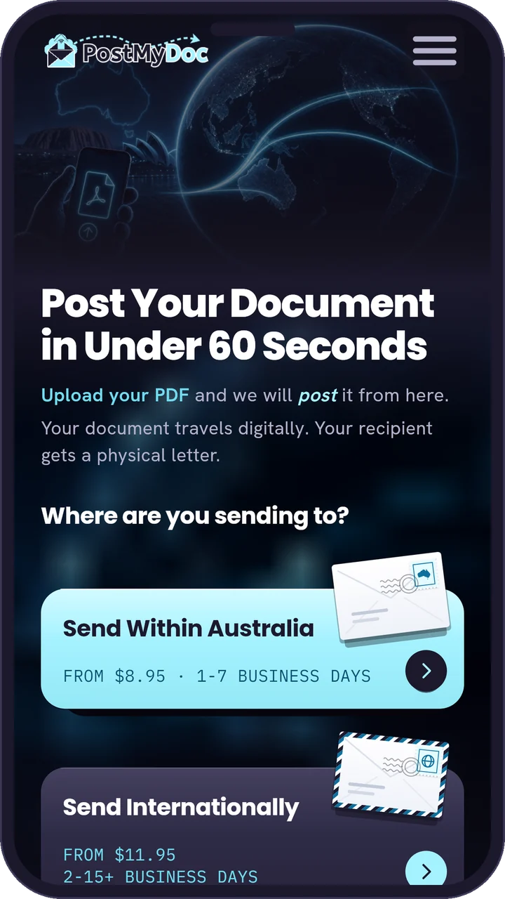 The PostMyDoc app home screen on a phone: post your document in under 60 seconds, sending within Australia from $8.95 or internationally from $11.95.