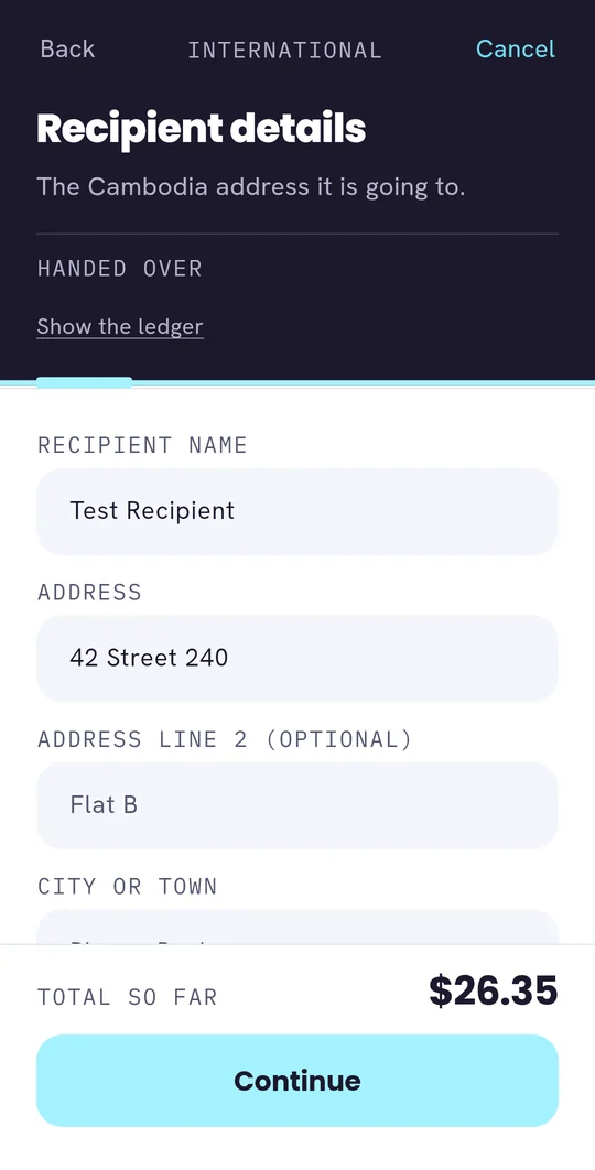 The PostMyDoc app&rsquo;s recipient details screen for a letter going to Cambodia, with the name and street address filled in.