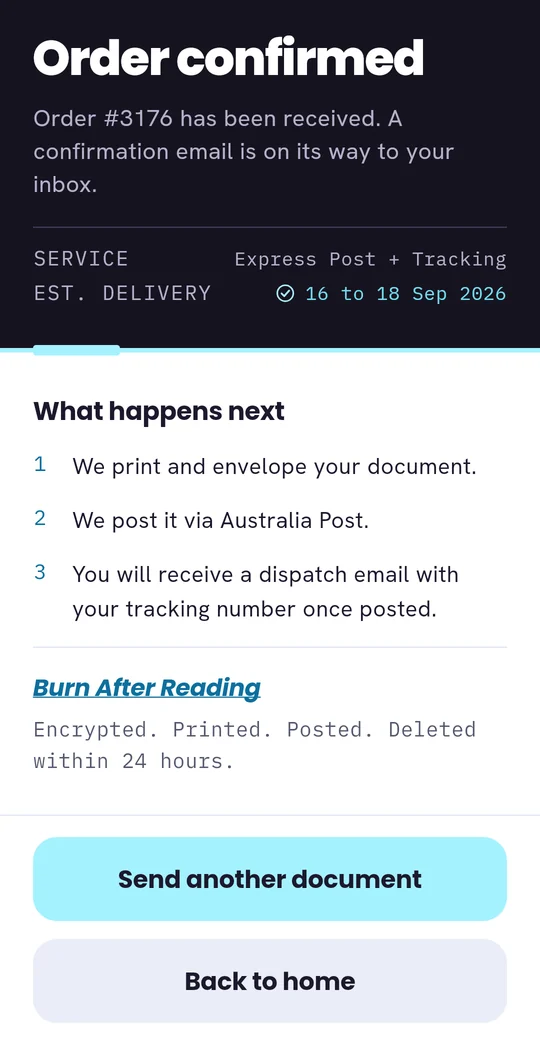 The PostMyDoc app&rsquo;s order confirmed screen, with what happens next and the Burn After Reading line.