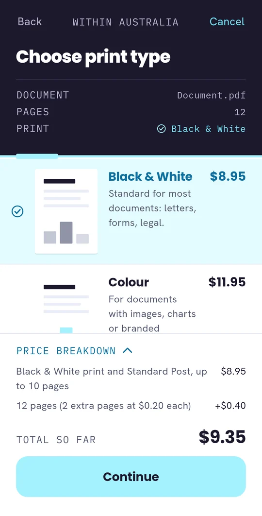 The PostMyDoc app&rsquo;s print type screen: Black & White selected at $8.95, with the price breakdown for a 12-page document.