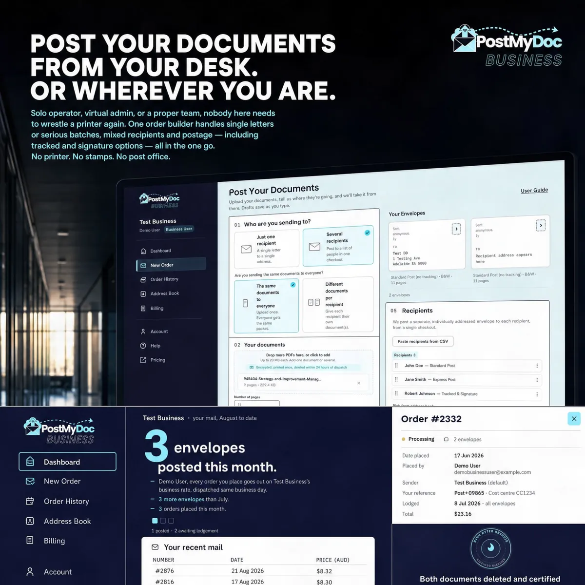 PostMyDoc Business poster. The portal order builder on a monitor in a night office corridor, over the dashboard and an order. Headline: Post your documents from your desk. Or wherever you are. One order builder handles single letters or serious batches, mixed recipients and postage. No printer. No stamps. No post office.