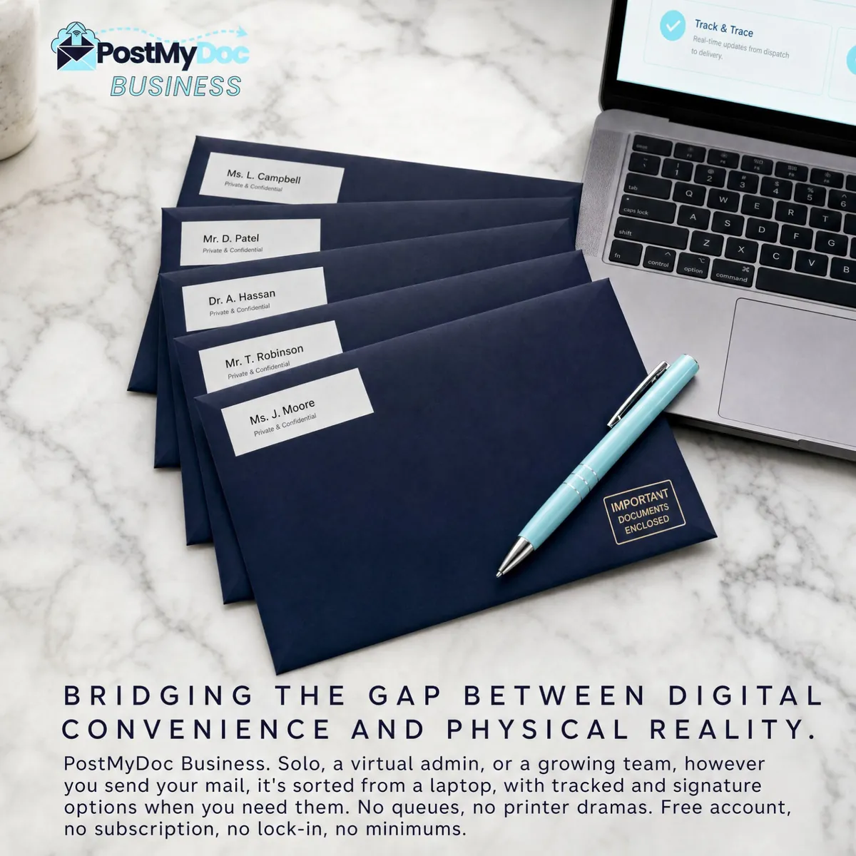 PostMyDoc Business poster. Five navy envelopes addressed to named recipients, marked Private and Confidential, with a cyan pen beside a laptop showing tracking updates, on marble. Headline: Bridging the gap between digital convenience and physical reality. Solo, a virtual admin, or a growing team, your mail is sorted from a laptop, with tracked and signature options. Free account, no subscription, no lock-in, no minimums.